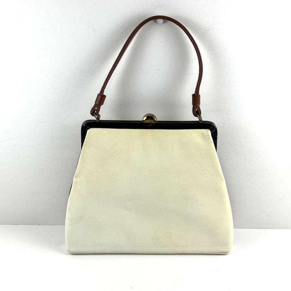 Vintage Frame Handbag Women Medium Cream Brown Good Kiss Lock Retro 60's - Picture 2 of 6